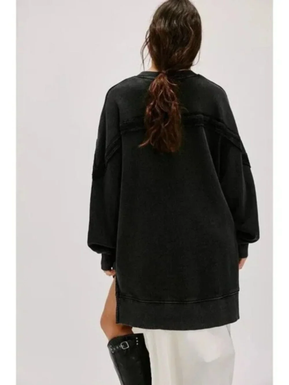 Free People Taylor Sweatshirt Tunic Top Oversized Black Pocket Pullover L
